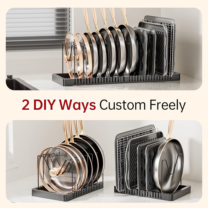 Expandable Pot and Pan Organizer with 14 Adjustable Dividers | Solid Metal Under‑Cabinet Pot Lid Organizer 14.1''‑24.8'', Lid Organizers Inside Cabinet, Fits Bakeware & Cookie Sheets