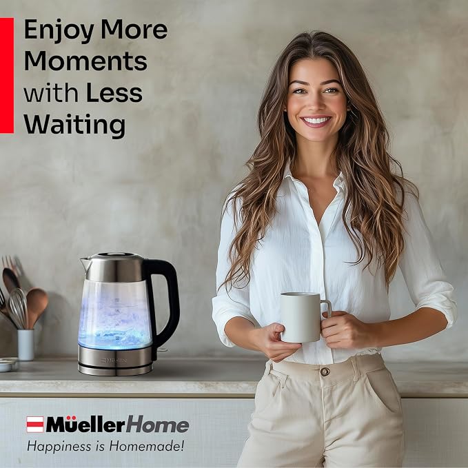 MUELLER HOME Rapid Boil Electric Tea Kettle 1.8L, BPA-Free Hot Water Boiler | Borosilicate Glass & Stainless Steel, LED Light, Auto Shut-Off, Boil Dry Protection Fast Water Heater, Kitchen Appliances