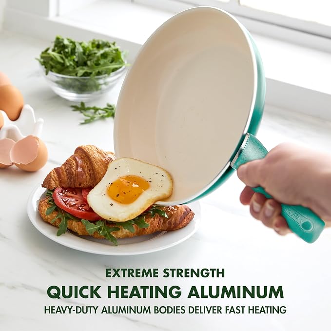 GreenPan Rio Healthy Ceramic Nonstick 8" Frying Pan Skillet and Silicone Spatula Set, Soft Grip Handle, Breaktfast Meal Set, PFAS-Free, Dishwasher Safe, Oven Safe, Turquoise