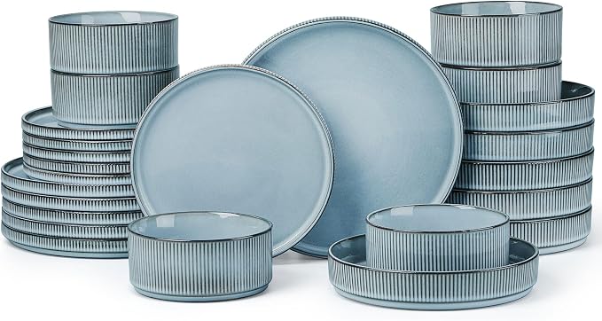 LIANYU Dinnerware Plates and Bowls Dishes Set, 24 Piece Elegant Stoneware Sets with Pasta Bowls for 6, Modern Ribbed Ceramic Dining Ware Dishware for Restaurant Wedding, Dishwasher Safe, Slate Blue