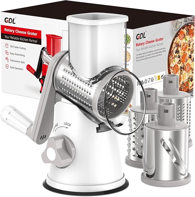 GDL Cheese Grater Hand Crank, Rotary Cheese shredder, Vegetable Slicer | 3 Stainless Steel Blades, 12x Fast Cutting, Non-slip Suction Base, No BPA, Dishwasher Safe, Easy Use for Cheese, Veggies, Nut