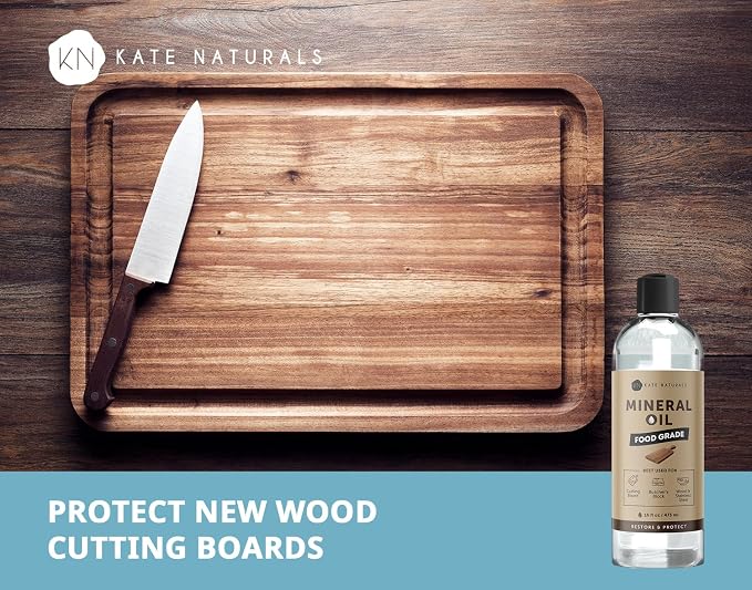Kate Naturals Mineral Oil for Wood Cutting Board, Food Grade, Odorless,16oz | Food Safe Mineral Oil to Protect Wooden Cutting Board, Butcher Block, Utensils, Bamboo Boards, Stainless Steel Knife