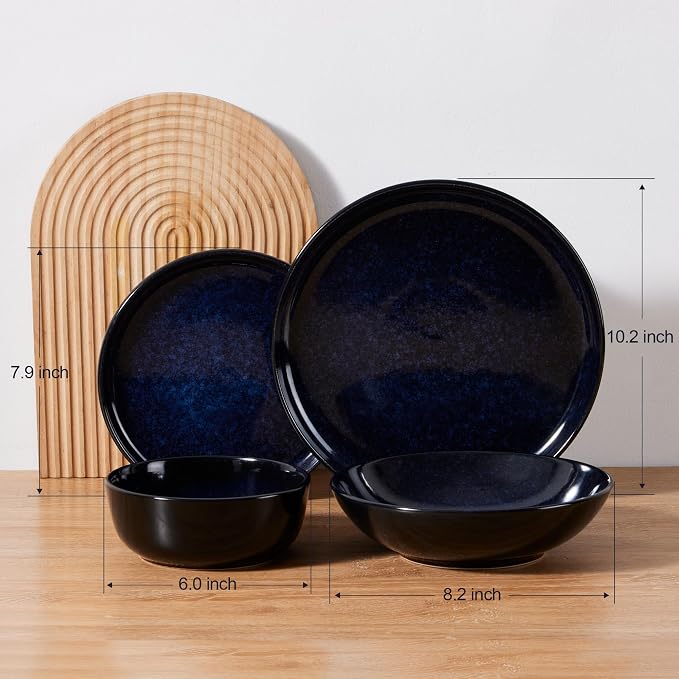 LIANYU 16 Piece Dishes Dinnerware Set with Pasta Bowls for 4, Midnight Blue | Stoneware Plates and Bowls, Dishwasher Safe Dining Ware Dishware for Home Kitchen, Microwave Safe
