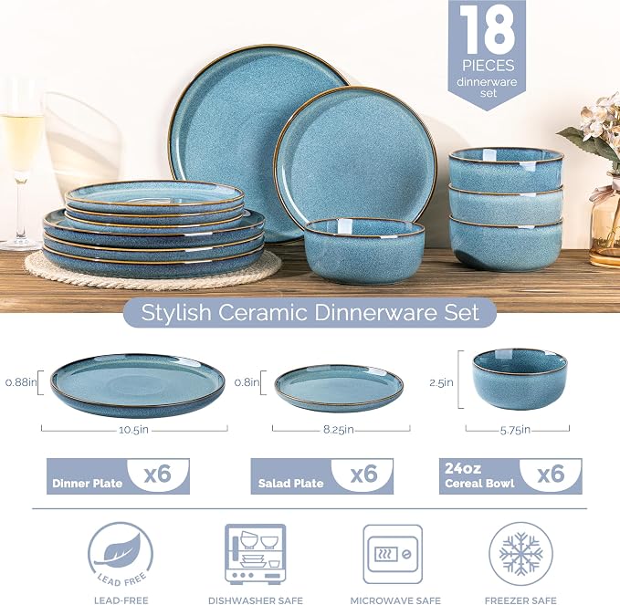 GBHOME Dinnerware Sets for 6, 18 Pieces Ceramic Plates and Bowls Set | Scratch Resistant Stoneware Dishes Set, Dishwasher & Microwave Safe, Reactive Glaze-Space Blue