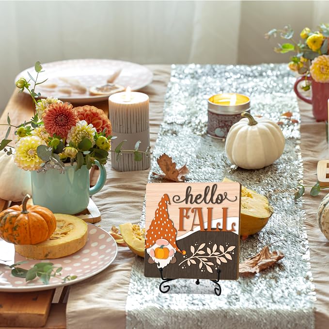 Hello Fall Home Decor Indoor, Autumn Gnome Thanksgiving Table Decor | 5"x5" Wood Plaque Gifts with Stand for Farmhouse Living Room Bathroom Kitchen Decoration - A03