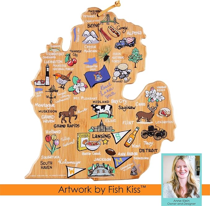 Totally Bamboo Michigan State Shaped Cutting Board, Art by Fish Kiss | State charcuterie board with colorful hand-drawn map artwork. Smooth reverse side for food prep. Hang tie for wall display.