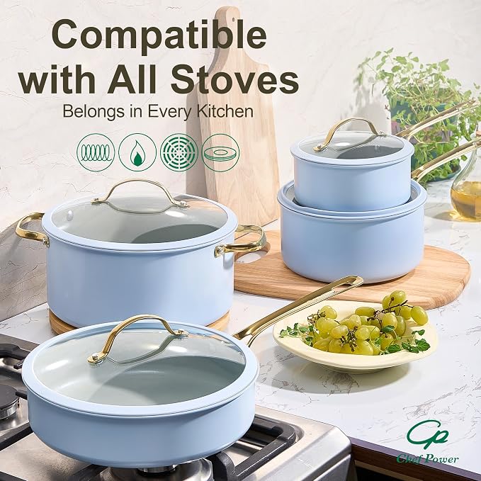 Ceramic Frying Pan with Stainless Steel handle 5Pcs Set, Non Stick Grill Pan Set, Dishwasher and Oven Safe, Light Blue and Granite Grey