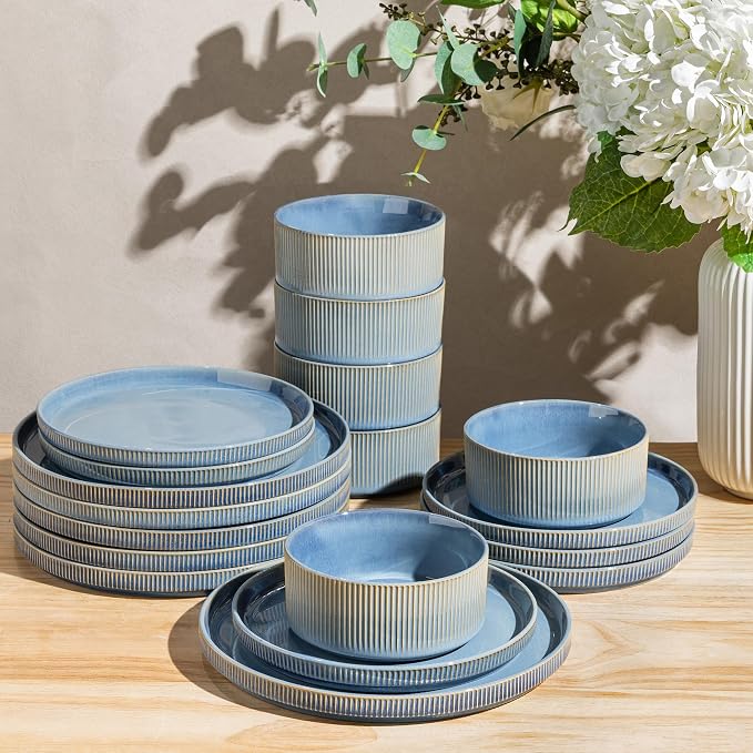 GBHOME Stoneware Dinnerware Sets for 4, 12-Piece Plates and Bowls Set | Handmade Reactive Glaze Ceramic Dish Set, Scratch Resistant, Dishwasher&Microwave Safe,Alaskan Blue