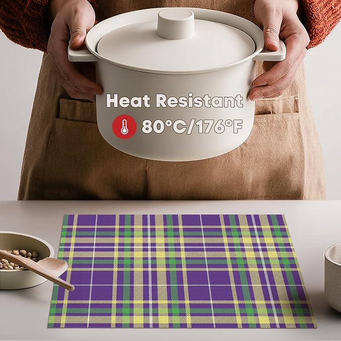 Artoid Mode Purple Striped Check Mardi Gras Vinyl Placemats Set of 4,Heat Resistant Non-Slip Woven Plastic PVC Place Mat for Party Kitchen Dining Decor