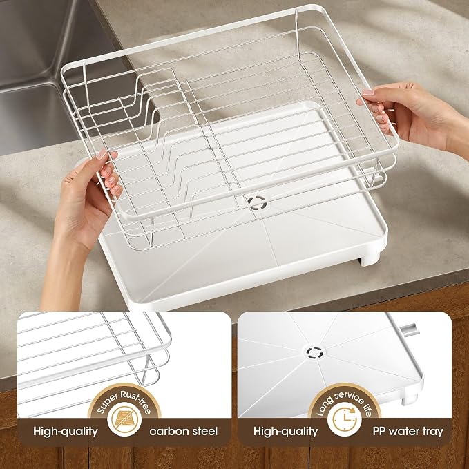 Runnatal Dish Drying Rack with Drainboard for Kitchen Counter and Sink | Large Dish Rack Rustproof Dish Drainer with Detachable 2-in-1 Utensil Holder, Extra Cup Holder, White