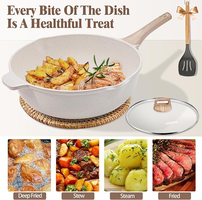 AOSION 11 Inch Nonstick Ceramic Deep Frying Pan with Lid & Steam Rack, 5QT Sauté Pan, Large Ceramic Skillet,Stay Cool Handle, Induction Compatible, PFOA & PFAS Free,white.