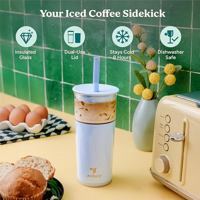 REDUCE Aspen - 20oz Vacuum Insulated Glass Tumbler - Extra Wide Straw & Lid | Keeps drinks cold for 12 hours, ideal for iced coffee, smoothies & boba, dishwasher safe, soft base