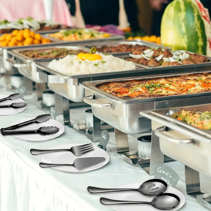 Serving Utensils, XEVOM 6-Piece Stainless Steel Serving Utensil Set Black | Include Serving Spoon, Slotted Serving Spoon, Serving Fork,Serving Tong, Appetizers Tong,Pie Server