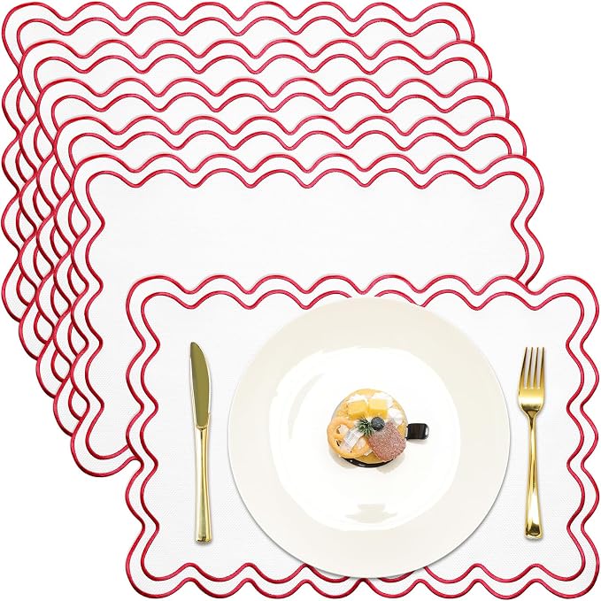 HunnmingRe White with Red Set of 6 Cotton Linen Wedding Placemats, 13x19 Inch Scalloped Wavy Embroidery Placemat Double Layered Washable Rustic Rectangle Dinner Table Mat for Home Decor