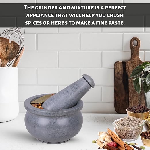Mortar and Pestle, Made of Heavy Duty Polished Hard Stone, Natural Stone Grinder for Spices, Pastes, Herbs, Seasoning etc. (Okhli, Normal)