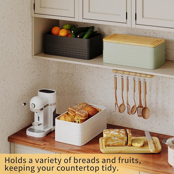 Bread Box for Kitchen Countertop,Metal Bread Storage Bin with Bamboo Cutting Board Lid, Includes Bread Knife, Fits Sourdough & Buns, Stylish Organize (White)