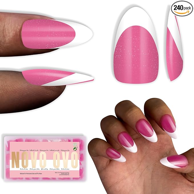 NOVO OVO White French Tip Almond Nail Tips Press on ROSE PINK, Extra Thick Medium Soft Gel Fake Nail Acrylic Extension, Need Builder Gel Top Coat, No Glue Included, for Salon DIY x 15 Sizes 240 pcs
