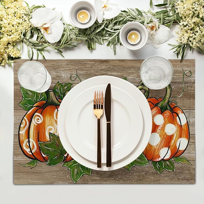 Thanksgiving Placemats Set of 4 18x12 Inch Autumn Pumpkins Thankful Linen Place Mats Heat-Resistant Washable Wipeable Fall Seasons Holiday Table Mat for Party Kitchen Dining Room Dinner Table Decor