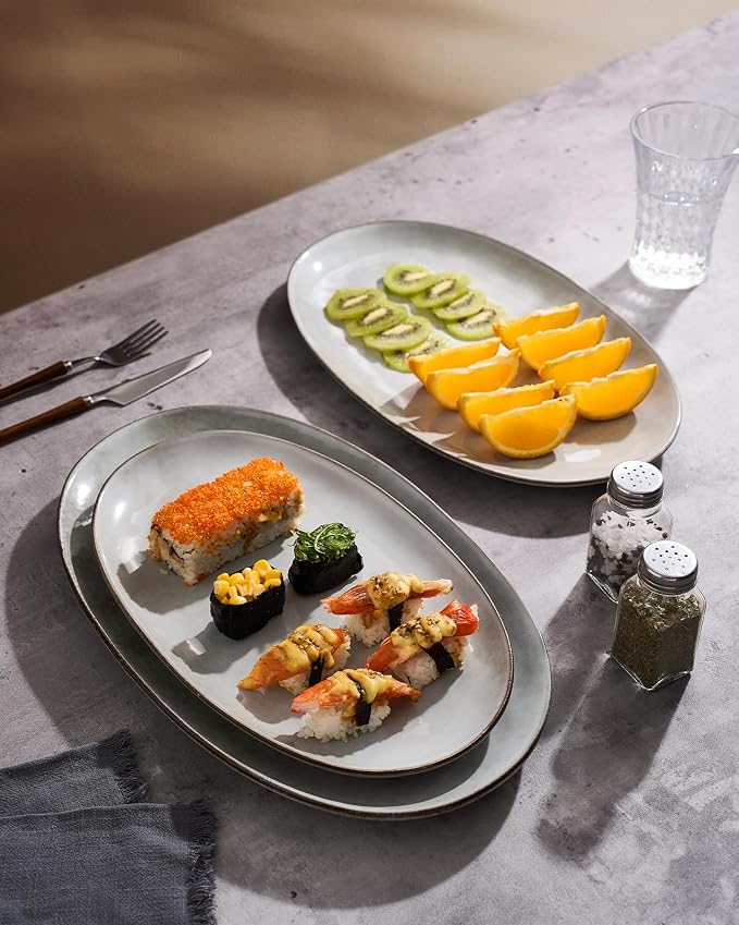 famiware Serving Platters Set of 3 Sizes - Oval, Grey | 15.59"/14.3"/12.9" Fine Stoneware Serving Trays for Party, Entertaining for Food, Turkey, Cheese, Microwave Dishwasher Safe