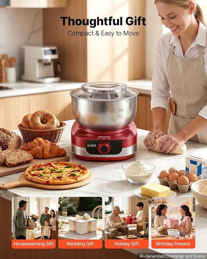 VEVOR 5.3 Qt Electric Dough Maker 500W Stand Mixer Removable Lid, Stepless Speed Adjustment Food Kitchen Mixer with Stainless Steel Bowl, Dough Hook, Whisk, Beater, for Pizza Bread Pasta Mochi