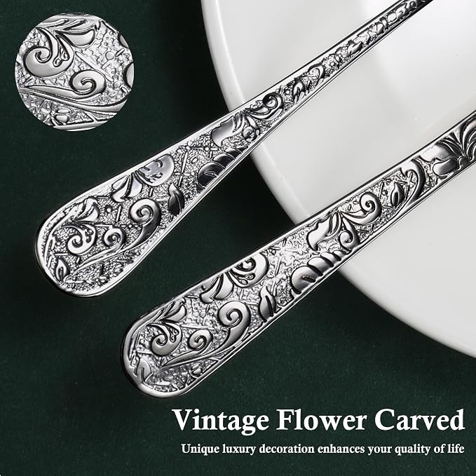 Meythway 60-Piece Vintage Carved Black Silverware Set for 12, Stainless Steel Flatware Set with Knife/Fork/Spoon, Cutlery Set for Home and Kitchen, Utensil Set with Dishwasher Safe
