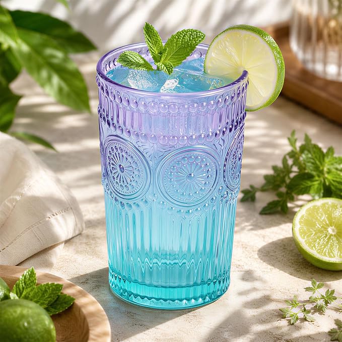 Loivttvv 12pcs Vintage Glassware Drinking Glasses Set, 12oz Highball Glasses & 9oz Embossed Ribbed Glass Cups for Cocktail, Water, Juice, Coffee (Blue & Purple)