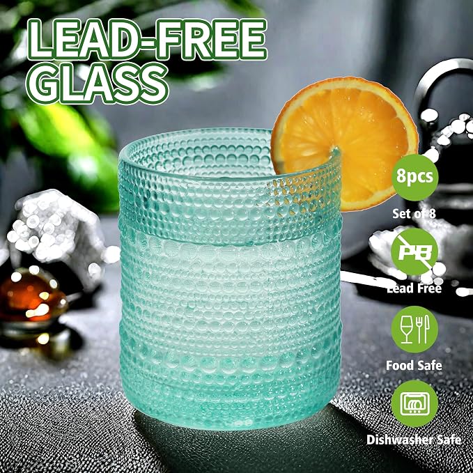 Vintage Hobnail Driinking Glasses Set, Glassware Drinking Set of 8, 12 oz Highball Glasses & 10 oz Cocktail Glasses, Tumbler Glasses for Cocktails, Whiskey, Juice, Milk