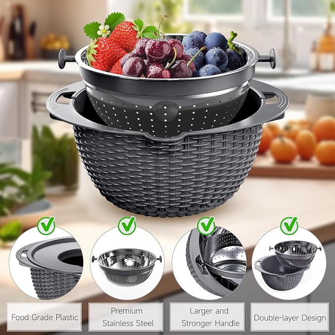 4-1 Colander with Lid Set - Rotatable Strainer With Bowl(Patented), Pasta Strainer with New Upgraded Graters, Strainer And Colanders, Fruit Cleaner, Veggie Wash, Apartment Kitchen Gadgets - Grey