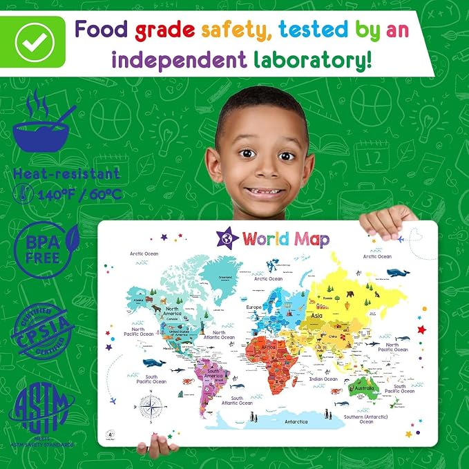 Simply Magic 5 Educational Placemats for Kids - Kids Placemats Non Slip | Kids Placemats for Dining Table, Wipeable Reusable Plastic Learning Place Mats: USA, World Map, Periodic Table, Solar System