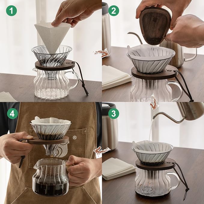 V02 Pour Over Coffee Maker, Black Clear Glass Dripper with Black Walnut Wooden Stand & 50 Pcs V60 Filters, Premium Coffee Pour Over Set, 1-4 Cups