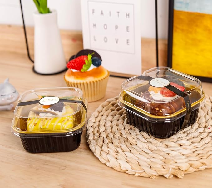 NPLUX Square Foil Cups with Lids, 50 Pack Black Gold 5oz for Weddings | Works for crumble cups, panna cotta, custard and snack servings; simple structure is easy to understand at a glance.