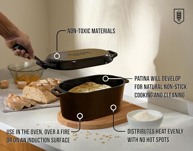 KooK Oval Dutch Oven, for Bread Baking, Sourdough Loaf Pan, with Lid, Dual Handles, Enameled Cast Iron, includes Lid Lever, Dishwasher Safe, 3.4 Qt, Black