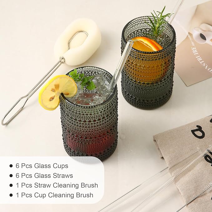 ZMOWIPDL Drinking Glasses Set of 6,15 oz Grey Hobnail Glass Cups | Vintage Glassware，Embossed Water Tumbler,for Beer,Cocktail,Whiskey,Juice and Various Mixed Drinks- 1 Cleaning Brush