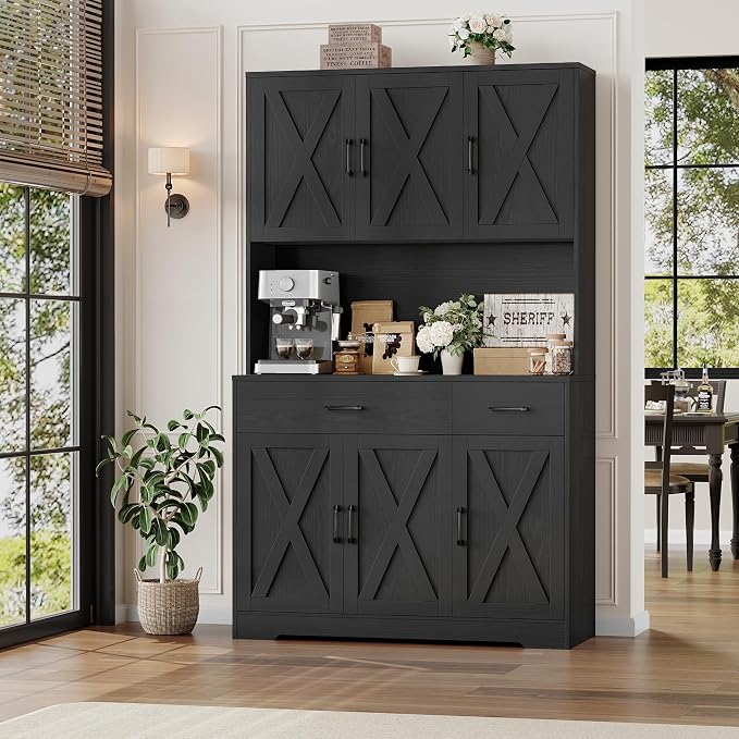HOSTACK 71" H Kitchen Pantry Storage Cabinet,Farmhouse Hutch Cabinet, Black | Space-Saving Pantry Cabinet with Charging Station & 2 Large Drawers & Adjustable Shelves, Tall Kitchen Hutch, Dining Room