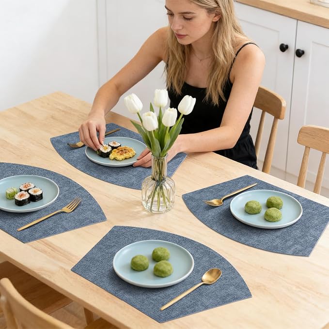 Homaxy Wedge Faux Leather Placemats for Round Table, Set of 6, Blue | Waterproof Wipeable Washable Table Mats, Easy to Clean Anti-Slip Place Mats, 11.8" x 17"