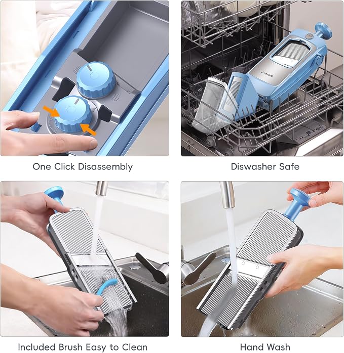 7-in-1 Safe Mandoline Slicer for Kitchen, Vegetable Slicer with Container | Adjustable Veggie Chopper Cutter, Upgraded Tray & Stainless Steel Grater & Basket & Lid & Cleaning Brush (Blue Pro)