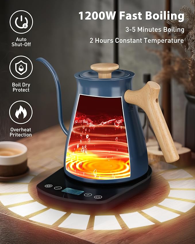 Harriet Gooseneck Electric Kettle, 0.8L, 1°F Control, Brew Timer | 120-Min Keep Warm, 104–203°F Control, Built-In Brew Timer, SUS304 Stainless Steel, Wood-Accent Handle for Pour-Over Coffee