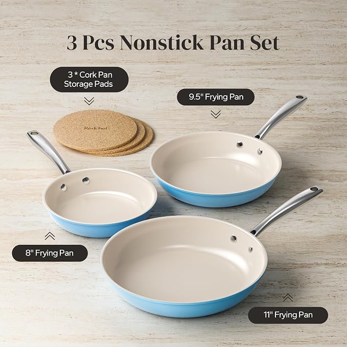 Redchef Ceramic Nonstick Frying Pan Set, Ceramic Skillets with Stay-Cool Stainless Steel Handles, Induction Compatible, PFAS PFOA PTFE Free, Oven Safe, 3 Cork Protective Pads, Sea Salt Blue（8+9.5+11"）