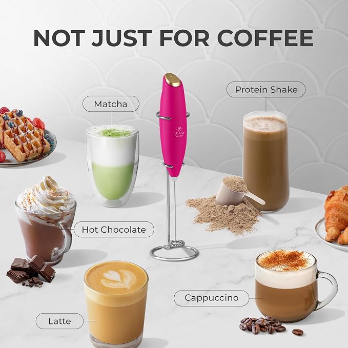 Zulay Kitchen Powerful Milk Frother Wand With Duracell Batteries - Ultra Fast Handheld Drink Mixer - Electric Whisk Foam Maker for Coffee, Lattes, Cappuccino & Matcha - Z1 Motor - Hot Pink Gold
