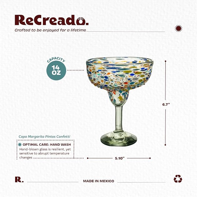 Confetti Dots Hand Blown Margarita Glasses Set of 4 – Colorful Mexican Glassware – 14 oz Recycled Glass Margarita Glass – Hand blown Mexican Drinking Glasses for Cocktails & Tequila