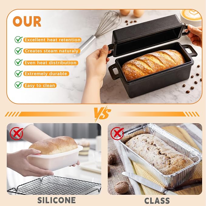 9×5 in Cast Iron Loaf Pans with Lids Even Heat Distribution for Baking Bread, Non-Stick Bread Pans for Homemade Sandwich and Sourdough Bread