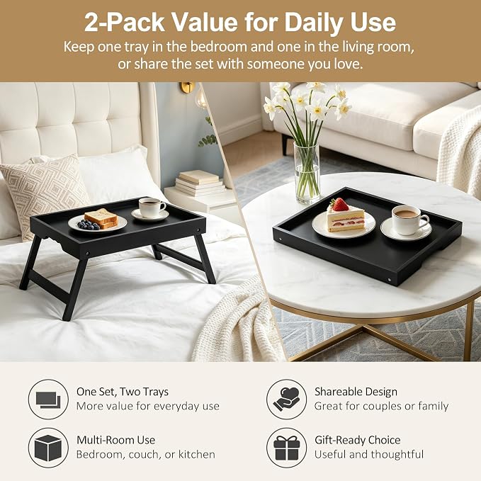 Bamboo Breakfast Trays with Folding Legs, Medium, 2-Pack, Black | Set of 2 bamboo bed trays with folding legs and wave handles for meals, laptops and serving in bed or on sofa.
