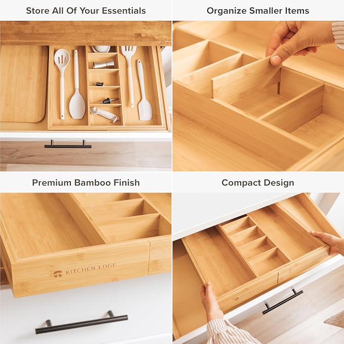 Utensil & Junk Drawer Organizer, 19-33 in, Bamboo | Food-safe contract grade, 100% sustainable wood, non-slip, adjustable