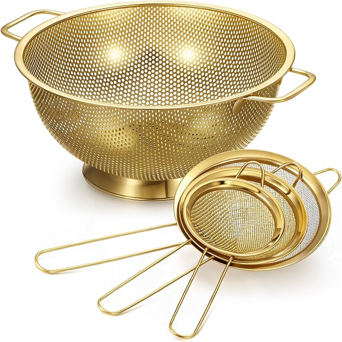 Norme 4 Quart Stainless Steel Gold Colander and 3 Pcs Gold Fine Mesh Strainer, Stainless Steel Pasta Rice Food Metal Strainer with Handles, Easy Clean and Dishwasher Safe