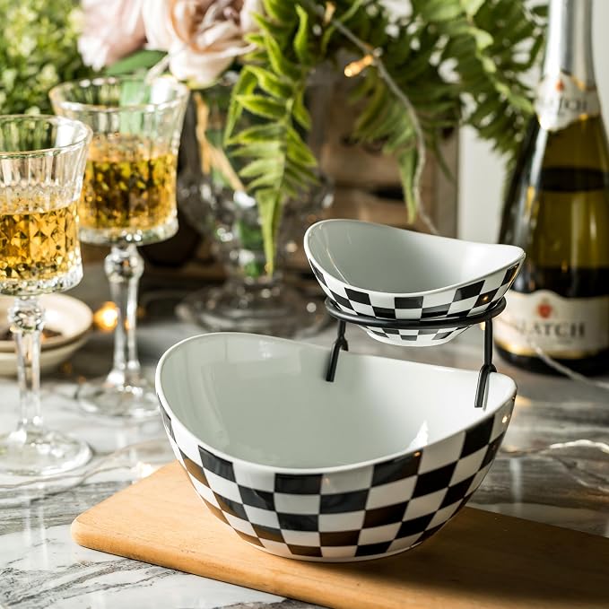 Miamolo Tiered Serving Bowls, Chip and Dip Serving Set, Hosting Essentials | Serving Platters and Tray for Appetizer, with Removable Stand, Party Entertaining, Black White Checkered, Microwave Oven Safe