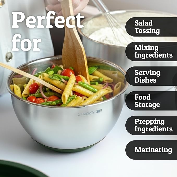 Stainless Steel Mixing Bowls with Lids Set, Metal Nesting Bowls with Airtight Lids, Graters, Non-Slip Base & Measurement Marks, Includes Utensil Set for Prep, Baking & Storage, Green
