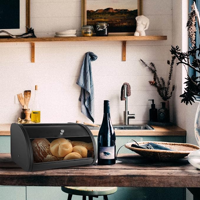 SOTECH Bread Box Vintage for Kitchen Food Grade Light-weight Metal Style Container for Storage Bin Countertop Keeper with Roll Top Farmhouse Rustic Holder Counter Black