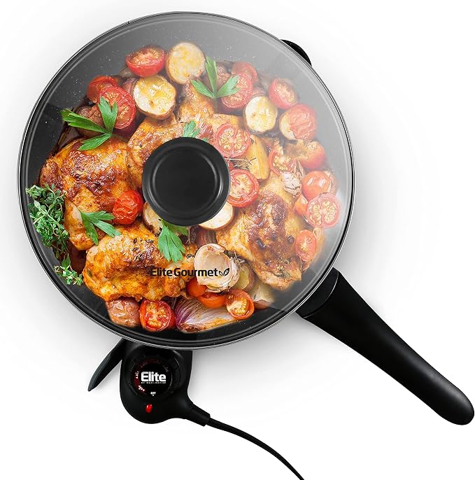 Elite Gourmet EG6207# Non-Stick Electric Skillet, Pour Spout, 2Qt, Black | Scratch-Resistant Surface, Dishwasher Safe, Vented Glass Lid, Small 10.5-Inch Adjustable-Temp Design
