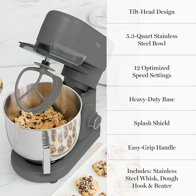Martha Stewart 5.3QT Tilt Head Stand Mixer, 12 Speeds, Stainless Steel Bowl | Dough Hook, Stainless Whisk, Beater, Removable Splash Shield, Bread, Cake & Whipping, Electric Kitchen Mixer, Caviar Gray