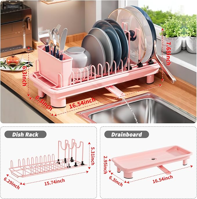 Small Dish Drying Rack, Stainless Steel with Drain Board & Utensil Holder | Anti-Scratch Base, Space Saving Design for Kitchen Counter, Pink